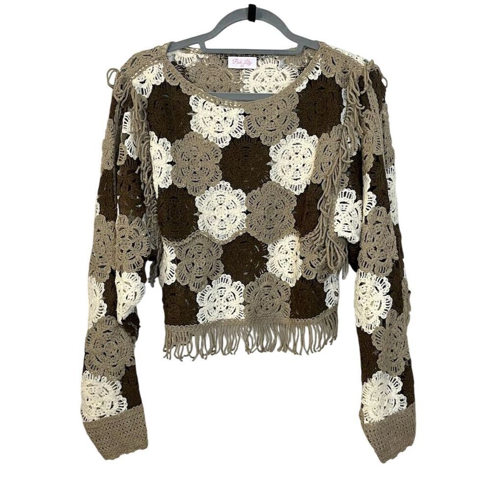 Pink Lily Women's Bohemian Opek Knit Crochet Fringe Sweater Brown S/M Floral - Picture 3 of 13